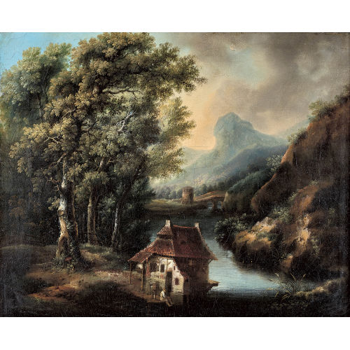 18. JH. DEUTSCHLAND : Bergige Flusslandschaft mit Haus am Ufer (DOBIASCHOFSKY AUKTIONEN AG)