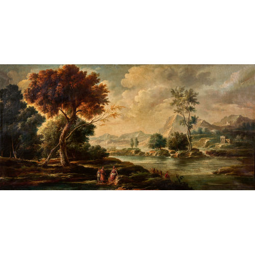 18./19. JH. ITALIEN : Weite Flusslandschaft mit antikem Tempel und Staffage (DOBIASCHOFSKY AUKTIONEN AG)