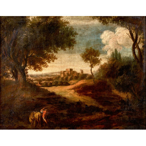 18. JH. ITALIEN : Landschaft mit Bauer, Ochsenpaar und Burg (DOBIASCHOFSKY AUKTIONEN AG)