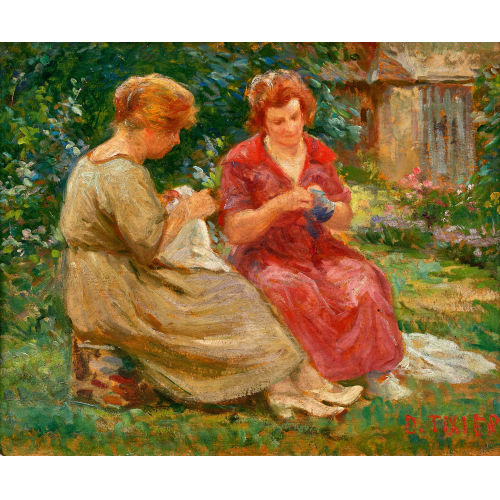 DANIEL TIXIER : Frauen bei N�harbeiten im Garten (DOBIASCHOFSKY AUKTIONEN AG)
