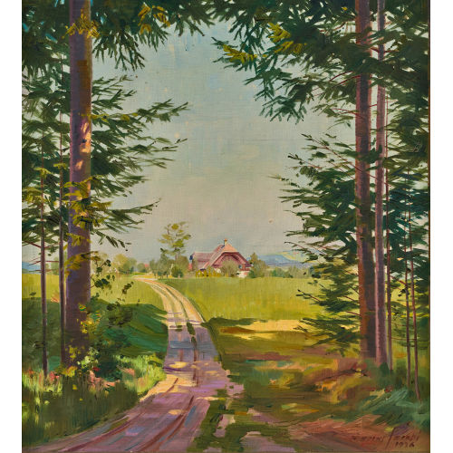 MARCUS JACOBI : Blick vom Waldrand auf ein Bauernhaus im Bernbiet (DOBIASCHOFSKY AUKTIONEN AG)