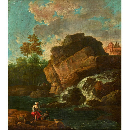 18. JH. FRANKREICH : Landschaft mit Flussschwelle, Fischerpaar und S�umer (DOBIASCHOFSKY AUKTIONEN AG)