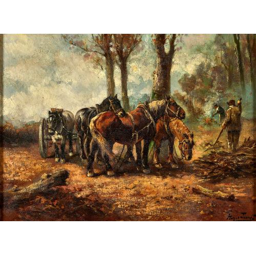 HENRI SCHOUTEN : Pferde und Arbeiter am Waldrand (DOBIASCHOFSKY AUKTIONEN AG)