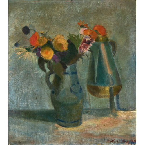 CHARLES HINDENLANG : Tischstillleben mit Blumen in Steinzeugkrug und Ankerkanne (DOBIASCHOFSKY AUKTIONEN AG)