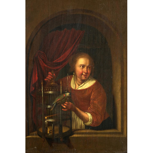 GERARD DOU : Junge Frau mit Amazonenpapagei am Fenster (DOBIASCHOFSKY AUKTIONEN AG)