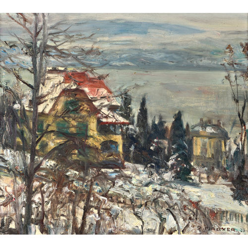 ALFRED MARXER : H�user oberhalb eines Sees im Winter (DOBIASCHOFSKY AUKTIONEN AG)