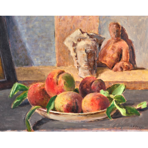 HANS ARNOLD DAEPP : Atelier-Stillleben mit Pfirsichen und fig�rlichen Fragmenten (DOBIASCHOFSKY AUKTIONEN AG)