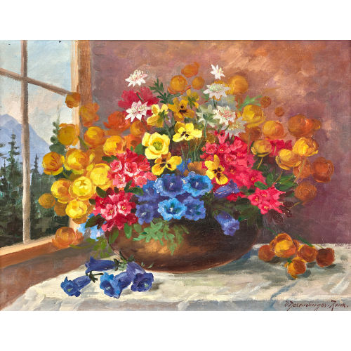 OLGA DERENDINGER-ROUX : Bouquet mit Alpenblumen (DOBIASCHOFSKY AUKTIONEN AG)