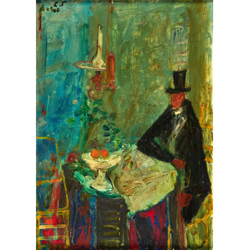 ADOLF HERBST : Mann mit Frack und Zylinder am Tisch (DOBIASCHOFSKY AUKTIONEN AG)