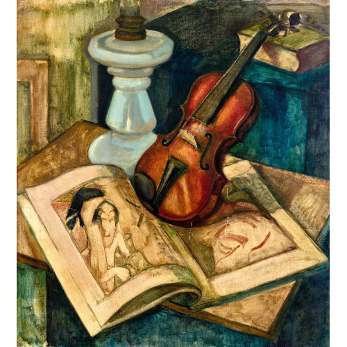 DICK KET : Stillleben mit Violine, Kerzenstock und B�chern (DOBIASCHOFSKY AUKTIONEN AG)