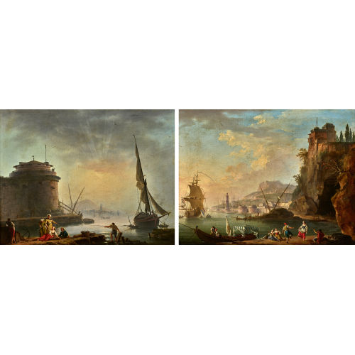 CHARLES FRAN�OIS DE LACROIX DE MARSEILLE : 'P�cheurs pr�s d'un port au petit matin'./'Le Coucher de soleil'. Gegenst�cke (DOBIASCHOFSKY AUKTIONEN AG)