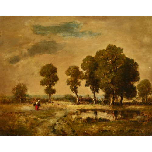 NARCISSE VIRGILE DIAZ DE LA PE�A : Landschaft mit Baumgruppe und Frauengestalt (DOBIASCHOFSKY AUKTIONEN AG)