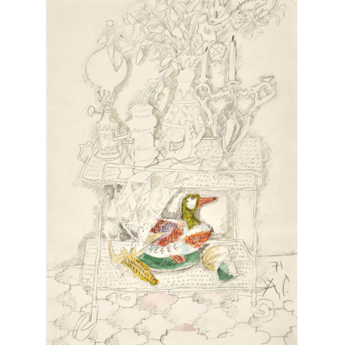 ALOIS CARIGIET : Stillleben mit Rolltisch und Ente (DOBIASCHOFSKY AUKTIONEN AG)
