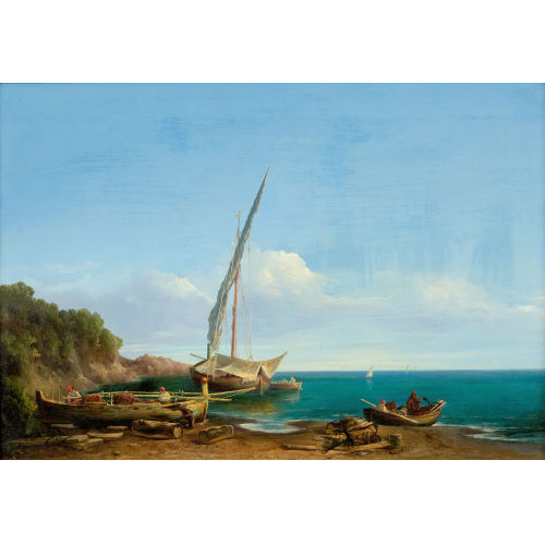 EMILIO DONNINI : Idyllische Strandszene mit Fischerbooten (DOBIASCHOFSKY AUKTIONEN AG)