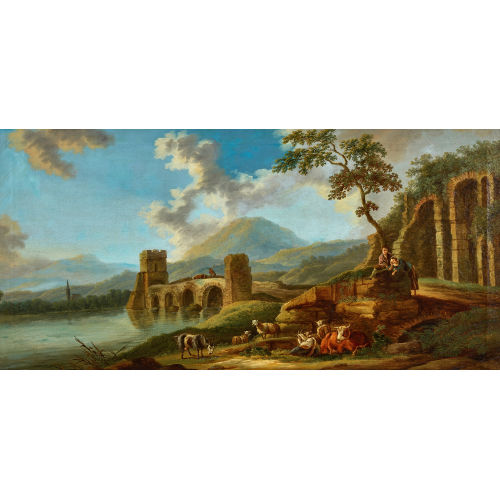 JOHANN HEINRICH ROOS : Die Milvische Br�cke in Rom mit Vieh und Hirtenpaar (DOBIASCHOFSKY AUKTIONEN AG)