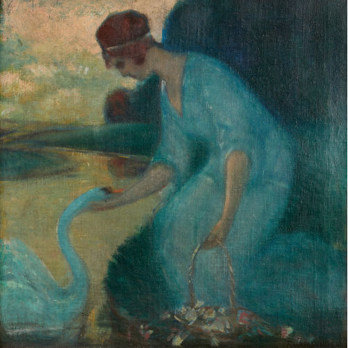 FERDINAND ENGELM�LLER : Frau mit Blumenkorb und Schwan (DOBIASCHOFSKY AUKTIONEN AG)