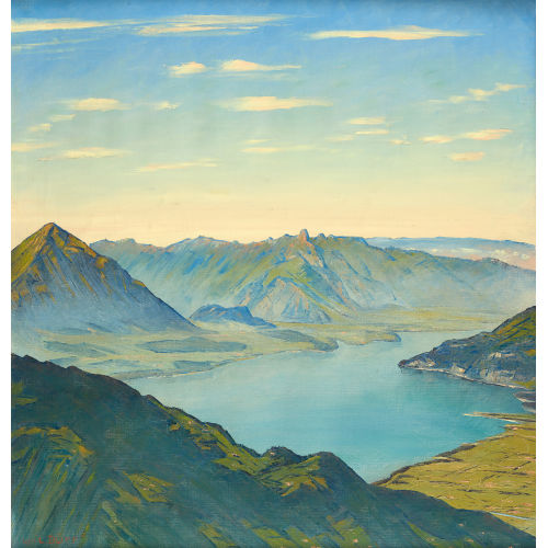 LOUIS D�RR : Blick auf den Thunersee mit Niesen und Stockhornkette (DOBIASCHOFSKY AUKTIONEN AG)