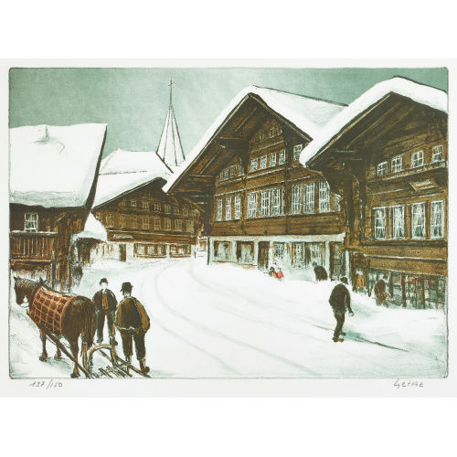 JEAN-LOUIS G�TAZ : Belebte Dorfstrasse im winterlichen Saanen (DOBIASCHOFSKY AUKTIONEN AG)