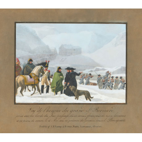 JOHANN PETER LAMY : 'Vue de l'hospice du grand St. Bernard, prise sur les bords du Lac, passage d'une arm�e fran�aise de 80.000 hommes et 58 pieces de canon, le 16 Mai 1800, en pr�sence du premier consul Bonaparte' (DOBIASCHOFSKY AUKTIONEN AG)