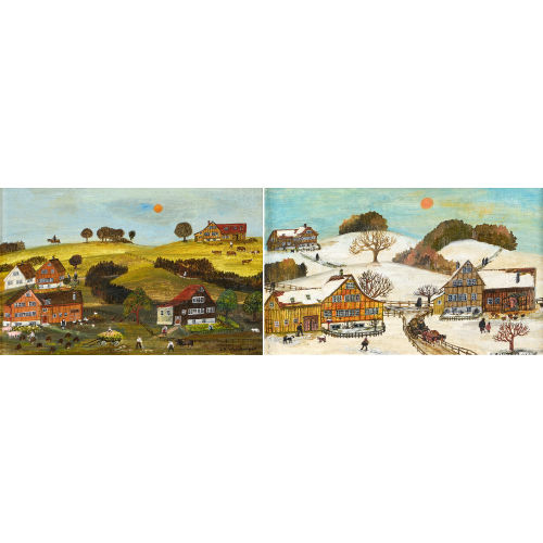 JOHANN BAPTIST WALDBURGER : 'Heuwagen mit Bub' / 'Winterbild mit Pferdeschlitten' (DOBIASCHOFSKY AUKTIONEN AG)