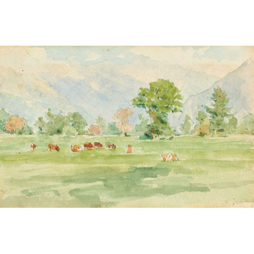 ALBERT ANKER : Sommerliche Landschaft mit weidenden K�hen (DOBIASCHOFSKY AUKTIONEN AG)