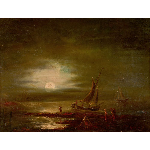 HENRIETTE GUDIN : K�stenlandschaft mit Segelbooten im Mondschein (DOBIASCHOFSKY AUKTIONEN AG)