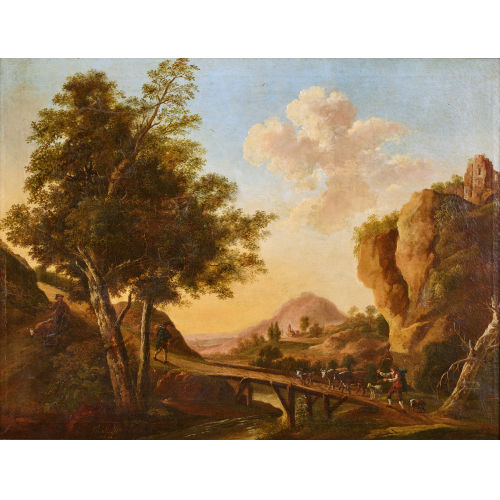 JOHANN FRIEDRICH ALEXANDER THIELE : Hirten und Vieh auf einer Holzbr�cke (DOBIASCHOFSKY AUKTIONEN AG)
