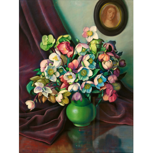 ENRIQUE IGUAL RUIZ : Stillleben mit Christrosen in gr�ner Vase (DOBIASCHOFSKY AUKTIONEN AG)