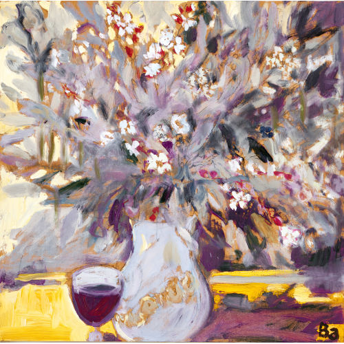 FRED BAUMANN : Tischstillleben mit Blumenstrauss und Rotweinglas (DOBIASCHOFSKY AUKTIONEN AG)