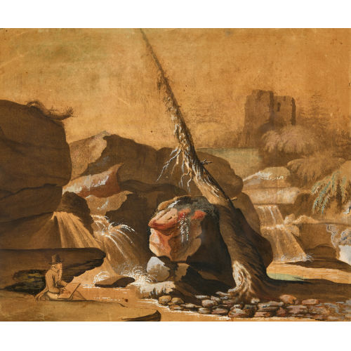 CASPAR WOLF : K�nstler in romantischer Landschaft mit Wasserfall (DOBIASCHOFSKY AUKTIONEN AG)