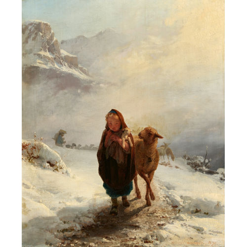 DOUARD-HENRI GIRARDET : Junge Schafhirtin mit ihren Tieren in winterlicher Berglandschaft (DOBIASCHOFSKY AUKTIONEN AG)
