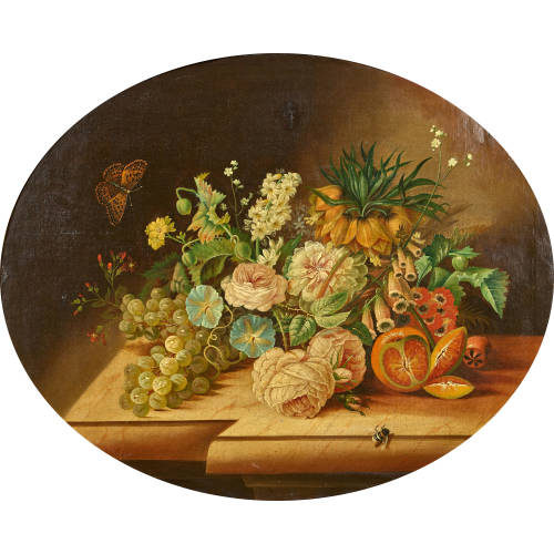 CARL FRIEDRICH L�FFLER : Stillleben mit Blumen, Fr�chten, Schmetterling und Hummel (DOBIASCHOFSKY AUKTIONEN AG)