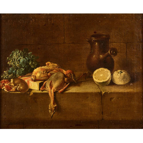 JEAN-JOSEPH-XAVIER BIDAULD : Stillleben mit gerupftem Federvieh, Zitrone und Verseuse (DOBIASCHOFSKY AUKTIONEN AG)