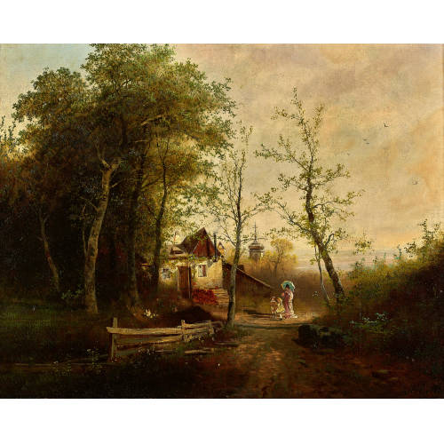 MAX WALTHER : Wegidylle mit eleganter Dame und Kindern (DOBIASCHOFSKY AUKTIONEN AG)