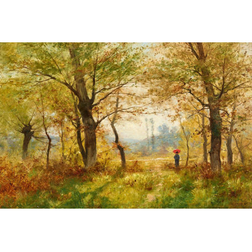 GUSTAVE EUG�NE CASTAN : Frau mit rotem Schirm im sonnigen Wald (DOBIASCHOFSKY AUKTIONEN AG)