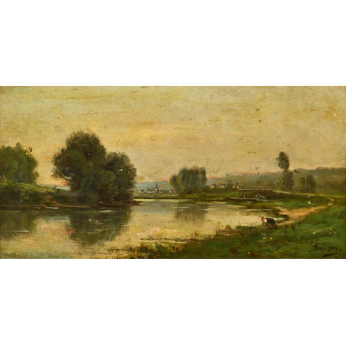 CHARLES FRAN�OIS DAUBIGNY : Flusslandschaft mit W�scherin (DOBIASCHOFSKY AUKTIONEN AG)