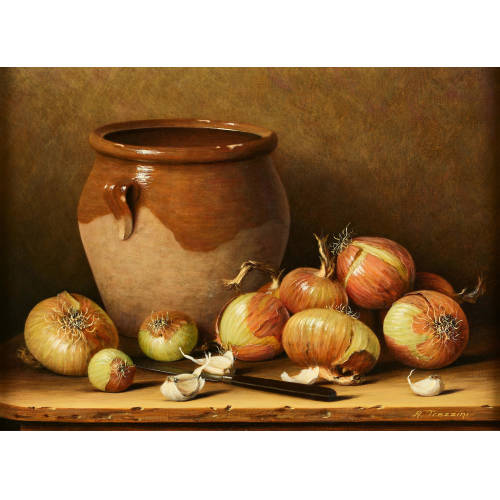 RAPHAEL TREZZINI : Stillleben mit Zwiebeln, Knoblauch und Henkeltopf (DOBIASCHOFSKY AUKTIONEN AG)