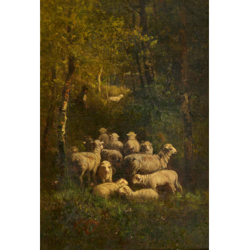 ALEXANDRE DEFAUX : Schafherde im Wald (DOBIASCHOFSKY AUKTIONEN AG)