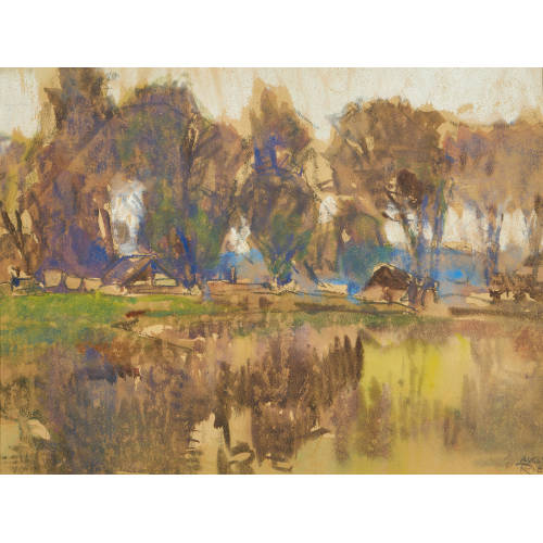 AUGUST RIEGER : Landschaft mit H�usern am Wasser (DOBIASCHOFSKY AUKTIONEN AG)