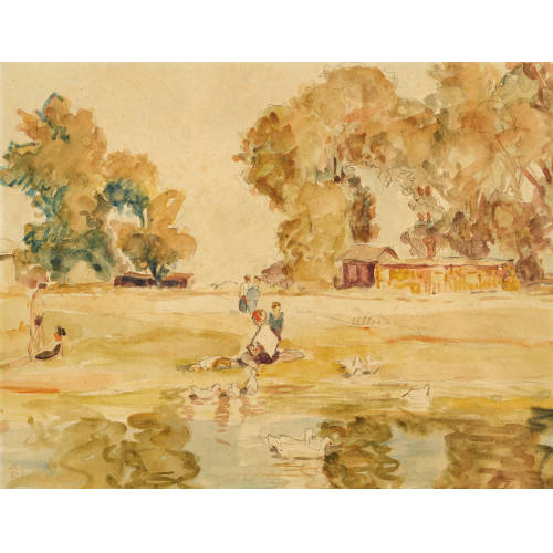 AUGUST RIEGER : Landschaft mit Personen am Ufer (DOBIASCHOFSKY AUKTIONEN AG)