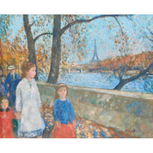 FRAN�OIS GALL : 'Famille en promenade, Rive droite de la Seine, Quai Louis Bl�riot, au loin la Tour Eiffel' (DOBIASCHOFSKY AUKTIONEN AG)