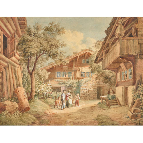FRIEDRICH WILHELM MORITZ : Familie mit Ziegen im Dorf (DOBIASCHOFSKY AUKTIONEN AG)