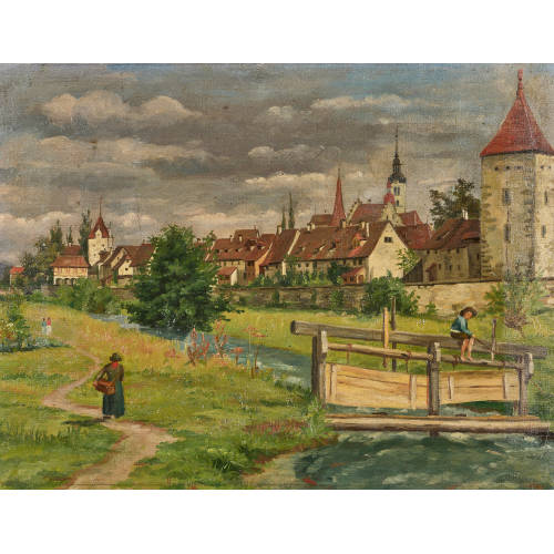 JOST SCHNYDER VON WARTENSEE : Bach vor der Stadtmauer mit jugendlichem Angler (DOBIASCHOFSKY AUKTIONEN AG)