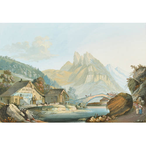 JOSEPH-EMANUEL CURTY : 'Vue du pont de la Zintre pr�s Charmey pays de la Gruyere Canton de Fribourg' (DOBIASCHOFSKY AUKTIONEN AG)