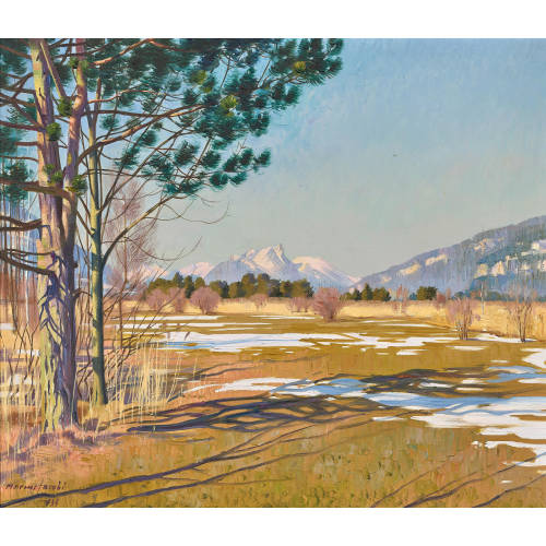 MARCUS JACOBI : Schneeschmelze am Thunersee mit Blick auf das Stockhorn (DOBIASCHOFSKY AUKTIONEN AG)