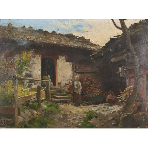 AUGUSTE BACHELIN : Hofszene mit B�uerinnen (DOBIASCHOFSKY AUKTIONEN AG)