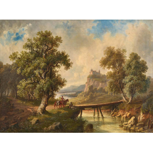 19. JH. DEUTSCHLAND : Landschaft mit Burg und rastenden S�umern an einem Steg (DOBIASCHOFSKY AUKTIONEN AG)