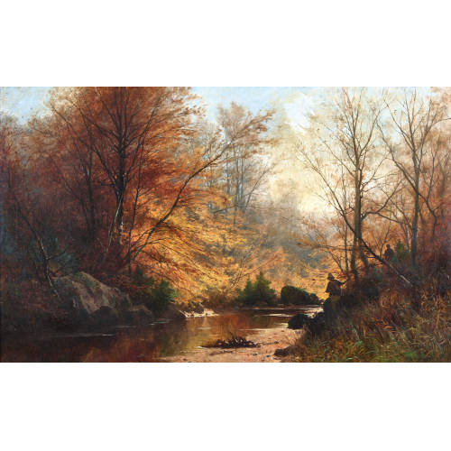 GUSTAVE ELIS�E JULES CASTAN : Herbstliche Flusslandschaft mit J�gern (DOBIASCHOFSKY AUKTIONEN AG)