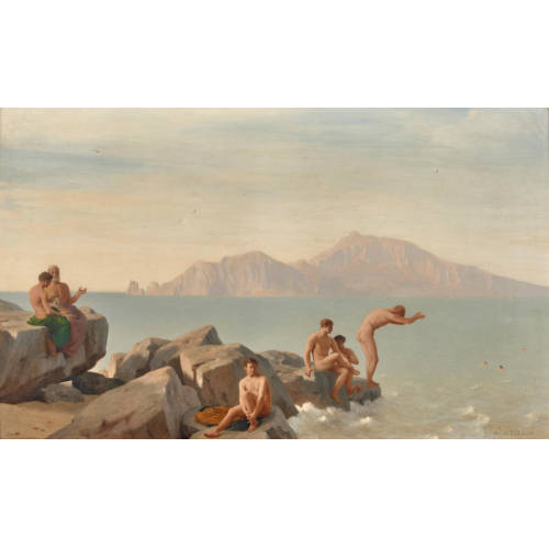 ALFRED DE CURZON : Baigneurs � la c�te rocheuse, vue sur Capri (DOBIASCHOFSKY AUKTIONEN AG)