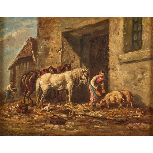 CHARLES MERCEREAU : Bauern mit Pferden, Schweinen und H�hnern auf dem Hof (DOBIASCHOFSKY AUKTIONEN AG)